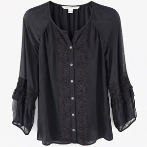 Diane Von Furstenberg Silk Blouse Sheer Chiffon Sleeves Black Size 10
